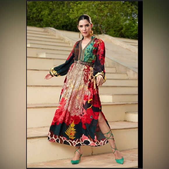 BHANUNI Elegant Multicolor Long Sleeve Maxi Dress - Picture 1 of 17